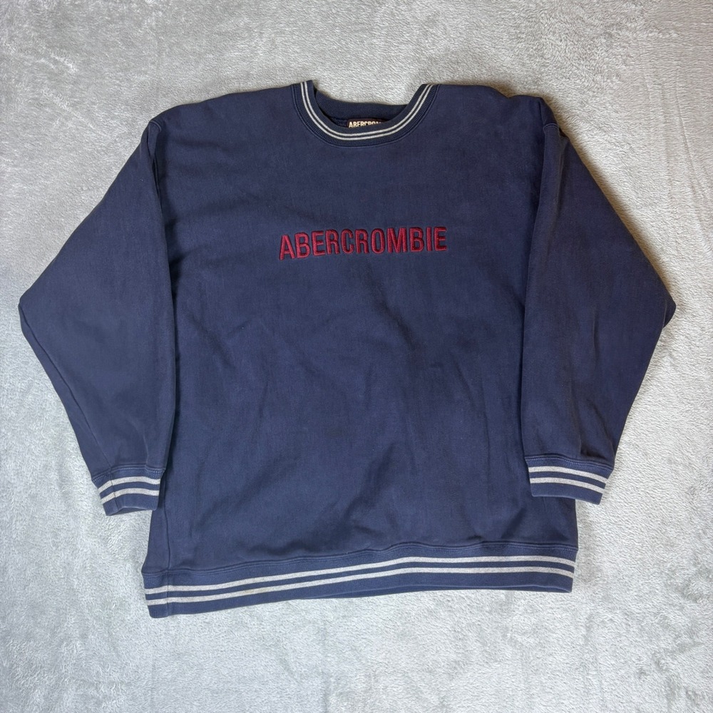 VTG Abercrombie Sweater Mens L Performance‎ Embroidered Logo Striped Navy Blue
